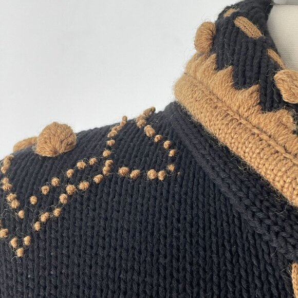 NWT Vintage Dead Stock Hand Embroidered Mixed Knit Bobble Black Tan Cardigan S - Picture 5 of 12